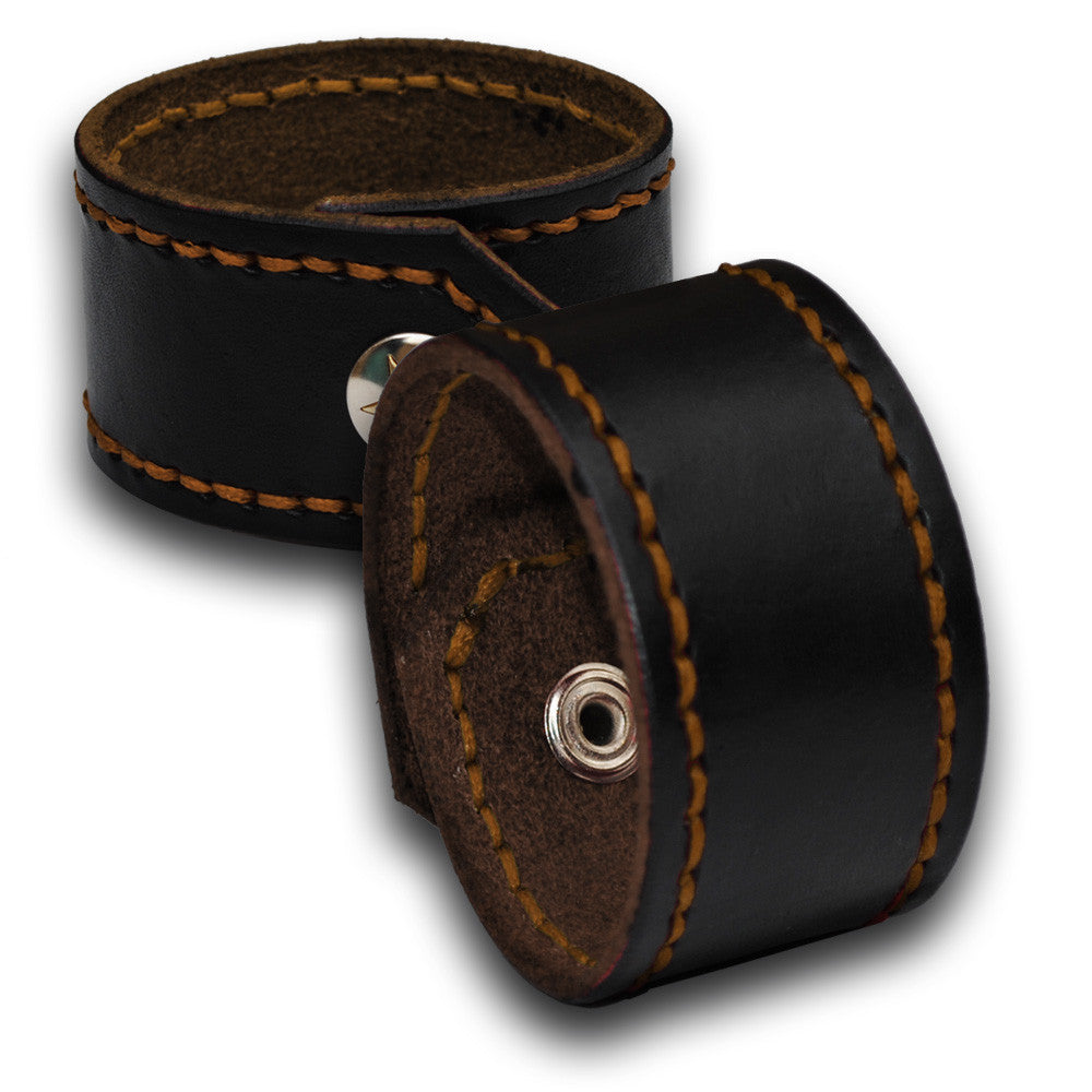 Black Leather Cuff Wristband with Rust Stitching & Snap-Leather Cuffs & Wristbands-Rockstar Leatherworks™