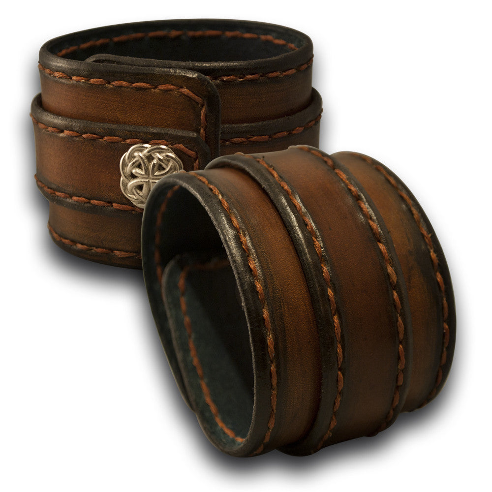 Brown Stressed Leather Double Strap with Stitching & Celtic Snap-Leather Cuffs & Wristbands-Rockstar Leatherworks™