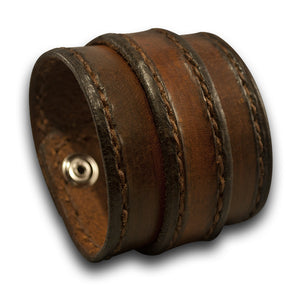 Brown Stressed Double Strap Leather Cuff with Stitching & Snaps-Leather Cuffs & Wristbands-Rockstar Leatherworks™