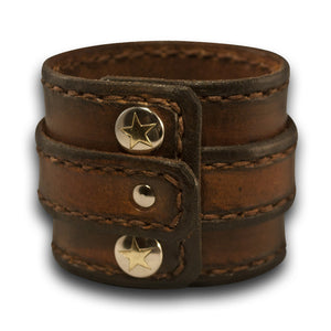 Brown Stressed Double Strap Leather Cuff with Stitching & Snaps-Leather Cuffs & Wristbands-Rockstar Leatherworks™
