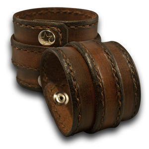 Brown Stressed Double Strap Leather Cuff with Stitching & Snaps-Leather Cuffs & Wristbands-Rockstar Leatherworks™