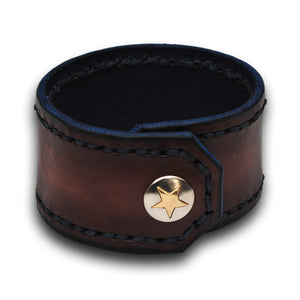 Mahogany Leather Cuff Wristband with Blue Stitching and Snap-Leather Cuffs & Wristbands-Rockstar Leatherworks™