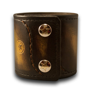 Mahogany, Yellow & Black Stressed Leather Cuff with Star Snaps-Leather Cuffs & Wristbands-Rockstar Leatherworks™