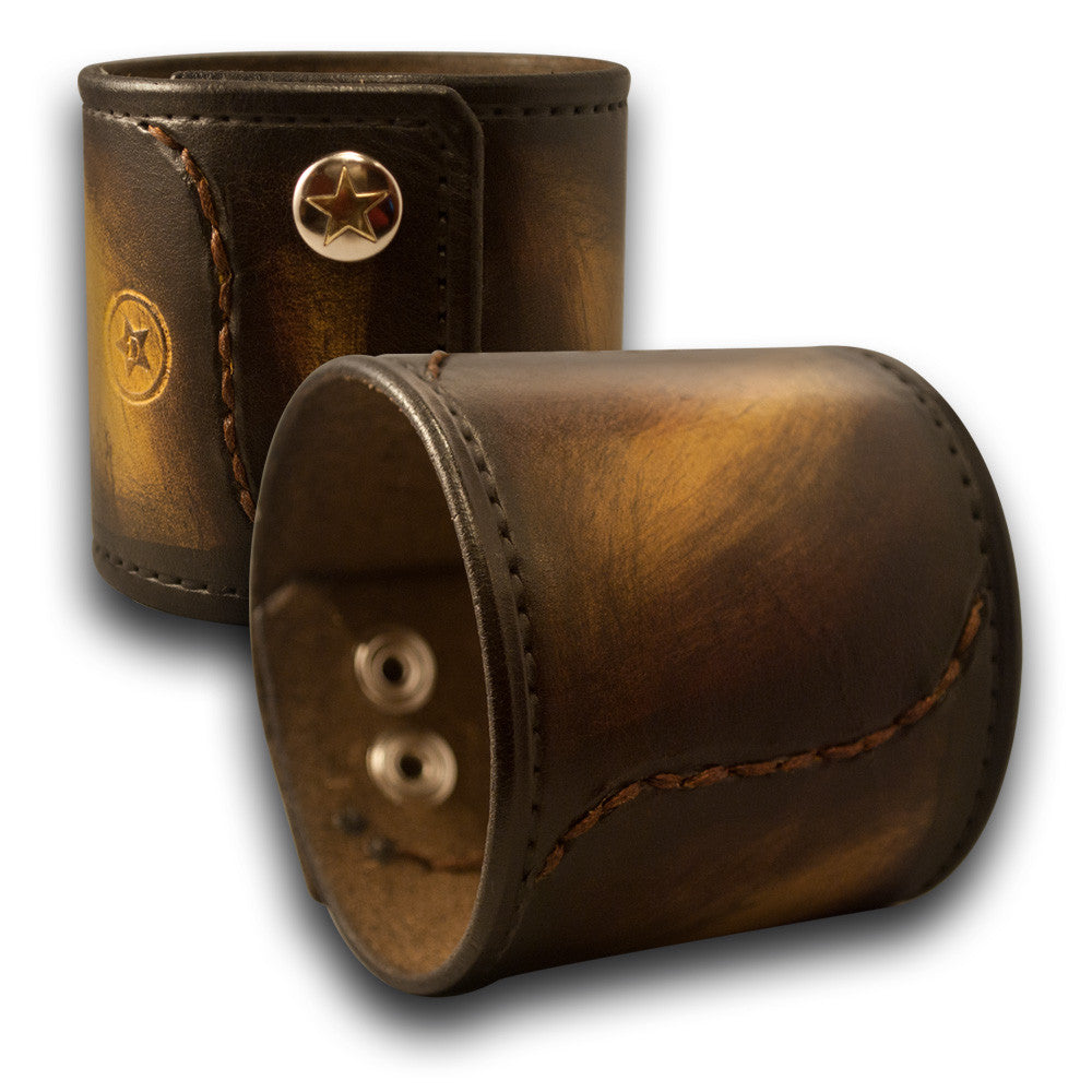 Mahogany, Yellow & Black Stressed Leather Cuff with Star Snaps-Leather Cuffs & Wristbands-Rockstar Leatherworks™