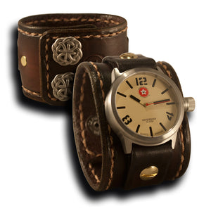 Medium Brown Stressed Leather Cuff Watch Stainless 42MM Sapphire-Leather Cuff Watches-Rockstar Leatherworks™