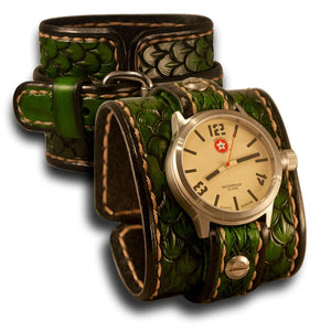 Green Dragon Scale Leather 42mm Cuff Watch-Leather Cuff Watches-Rockstar Leatherworks™