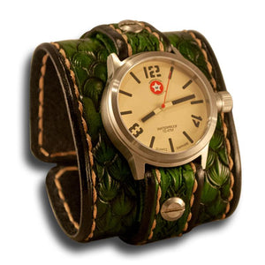 Green Dragon Scale Leather 42mm Cuff Watch-Leather Cuff Watches-Rockstar Leatherworks™