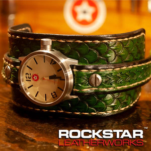 Green Dragon Scale Leather 42mm Cuff Watch-Leather Cuff Watches-Rockstar Leatherworks™