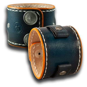 Navy Blue & Orange Leather Cuff Watch Band with Snaps-Custom Handmade Leather Watch Bands-Rockstar Leatherworks™