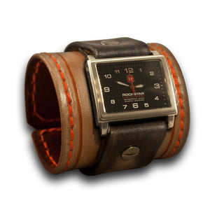 Pearl, Silver & Orange Leather Cuff Watch with Orange Stitching-Leather Cuff Watches-Rockstar Leatherworks™