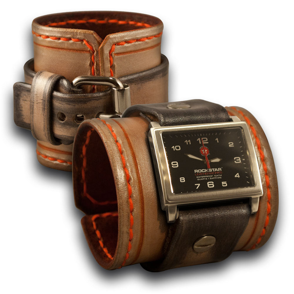 Pearl, Silver & Orange Leather Cuff Watch with Orange Stitching-Leather Cuff Watches-Rockstar Leatherworks™