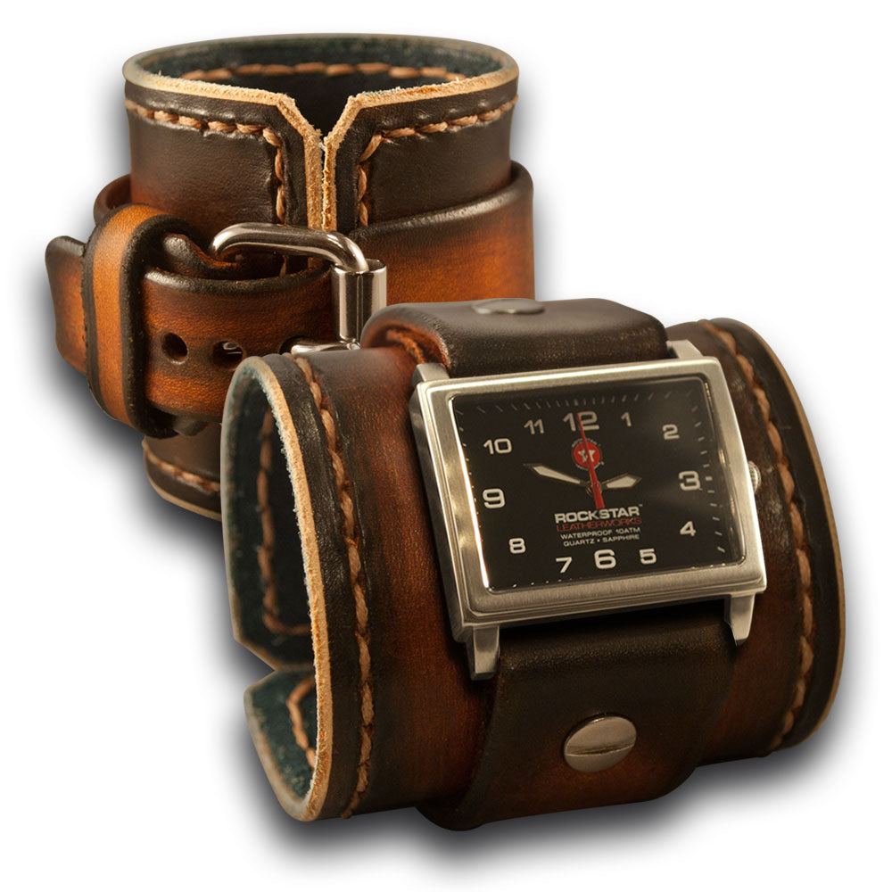 Range Tan Leather Cuff Watch with Stitching and Stainless Buckle-Leather Cuff Watches-Rockstar Leatherworks™
