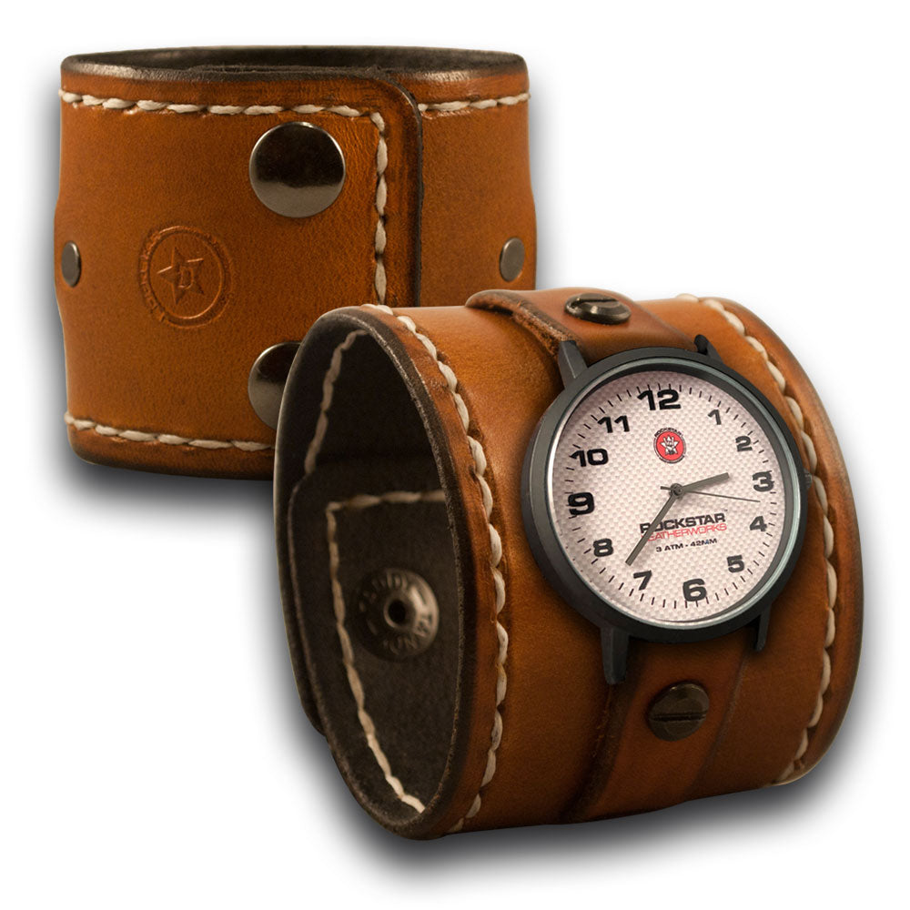 Range Tan Leather Cuff Watch with Stitching & Black Snaps-Leather Cuff Watches-Rockstar Leatherworks™