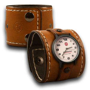 Range Tan Leather Cuff Watch with Stitching & Black Snaps-Leather Cuff Watches-Rockstar Leatherworks™