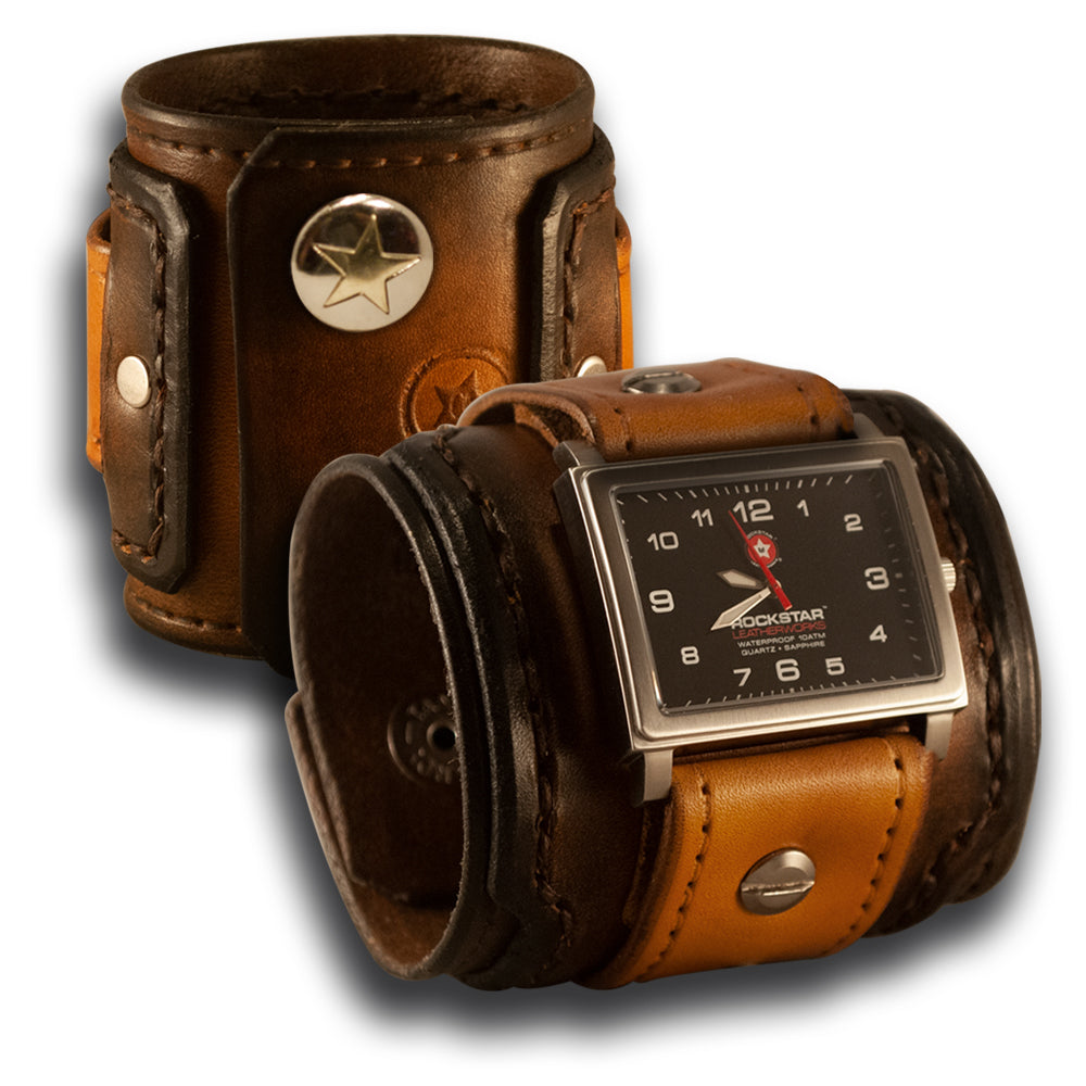 Range Tan Layered Leather Cuff Watch with Double Snaps-Leather Cuff Watches-Rockstar Leatherworks™