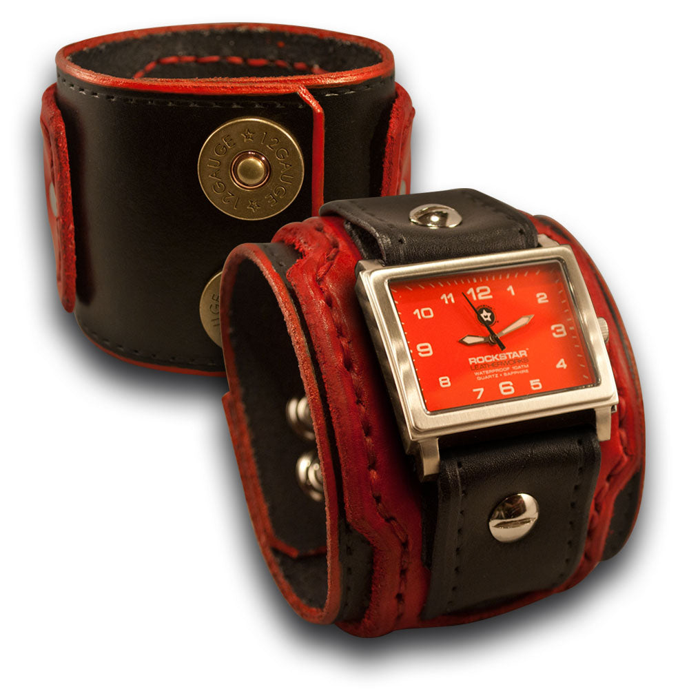 Black & Red Layered Leather Cuff Watch with Snaps-Leather Cuff Watches-Rockstar Leatherworks™