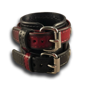 Red & Black Leather Double Strap Layered Wristband with Double Buckles-Leather Cuffs & Wristbands-Rockstar Leatherworks™