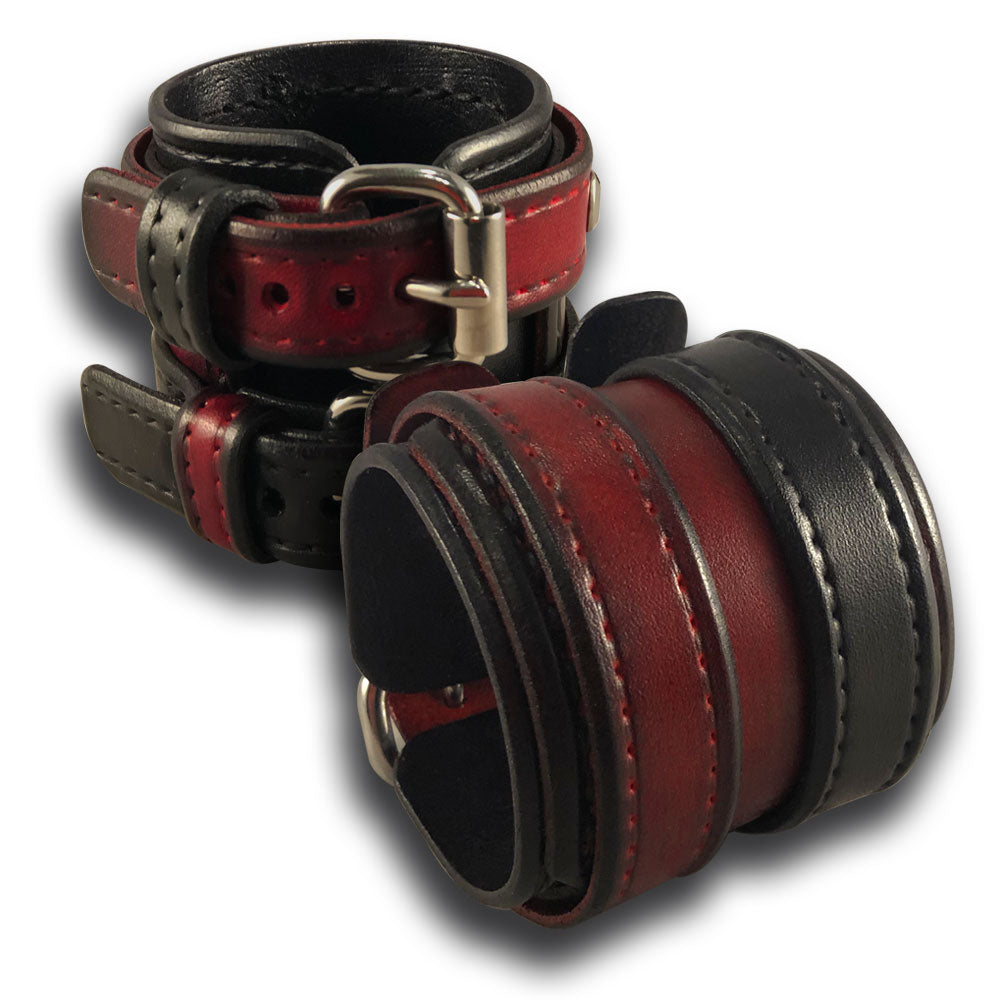Red & Black Leather Double Strap Drake Wristband with Double Buckles-Leather Cuffs & Wristbands-Rockstar Leatherworks™