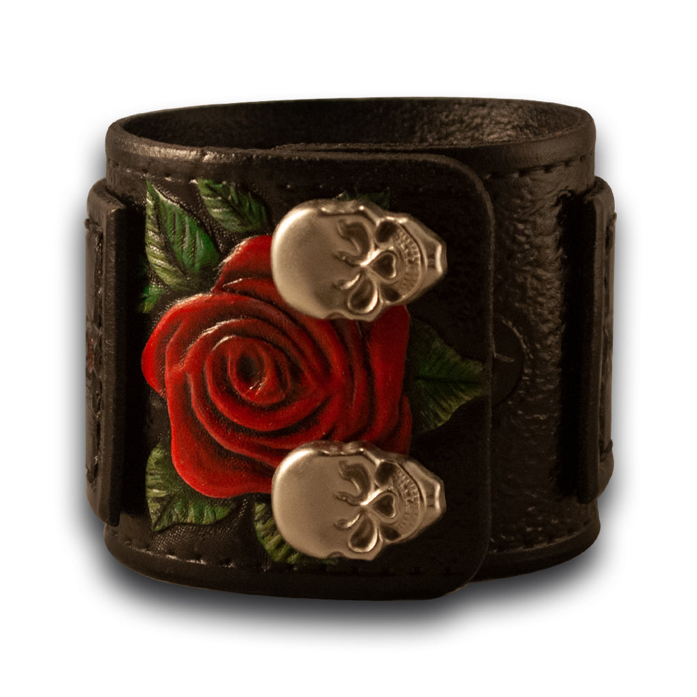 Black Layered & Quilted Cuff with Rose, Skull Snaps & Red Stitching-Leather Cuffs & Wristbands-Rockstar Leatherworks™