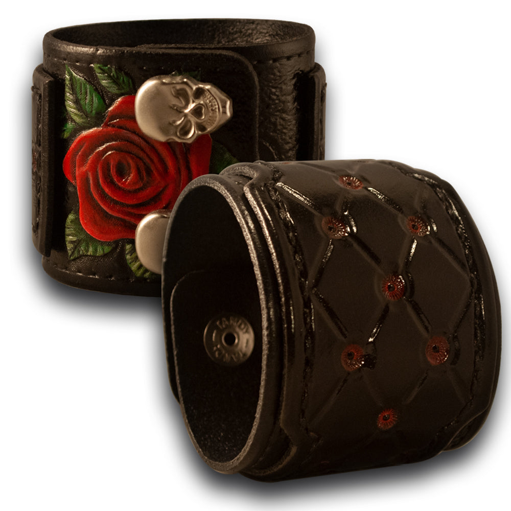 Black Layered & Quilted Cuff with Rose, Skull Snaps & Red Stitching-Leather Cuffs & Wristbands-Rockstar Leatherworks™