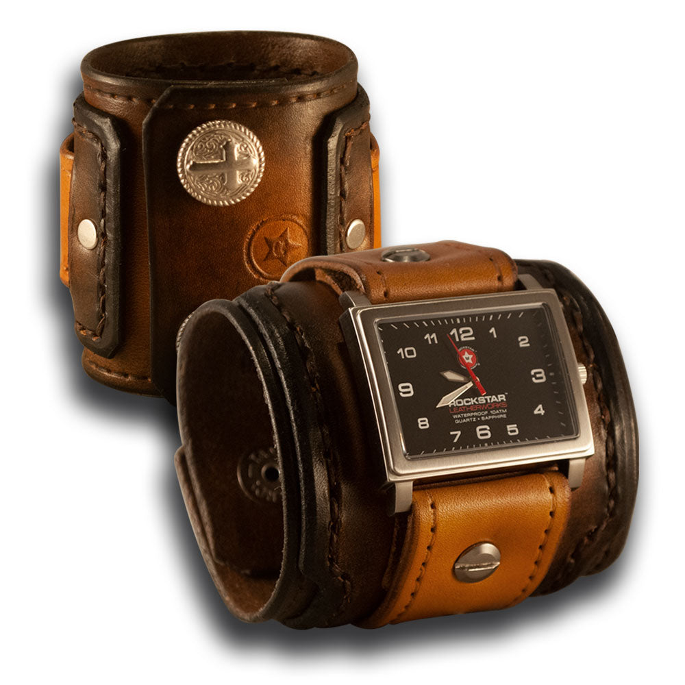 Range Tan Stressed Layered Leather Cuff Watch with Roped Cross Snaps-Leather Cuff Watches-Rockstar Leatherworks™