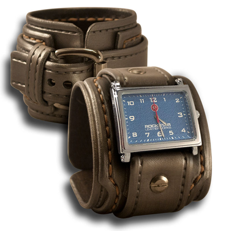 Silver Drake Layered Leather Cuff Watch - 42mm Blue Alloy Face-Leather Cuff Watches-Rockstar Leatherworks™