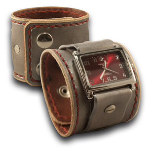 Sliver & Red Leather Cuff Watch with Stitching and Snaps-Leather Cuff Watches-Rockstar Leatherworks™