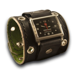 Black Leather Cuff Watch with Eyelets, Celtic Snaps & 42mm Stainless-Leather Cuff Watches-Rockstar Leatherworks™