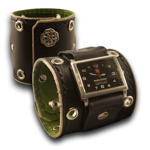 Black Leather Cuff Watch with Eyelets, Celtic Snaps & 42mm Stainless-Leather Cuff Watches-Rockstar Leatherworks™
