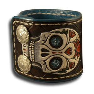 Sugar Skull Leather Cuff Wristband with Snaps & White Stitching-Leather Cuffs & Wristbands-Rockstar Leatherworks™