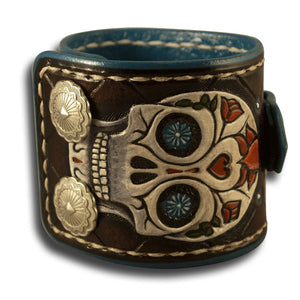 Brown Leather 42mm Cuff Watch with Sugar Skull & Snaps-Leather Cuff Watches-Rockstar Leatherworks™