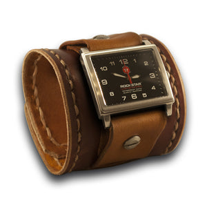 Bordeaux & Tan Leather Cuff Watch with Celtic Snap-Leather Cuff Watches-Rockstar Leatherworks™