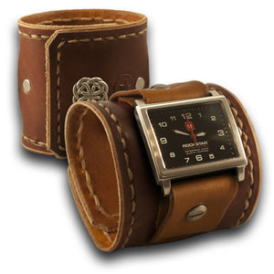 Bordeaux & Tan Leather Cuff Watch with Celtic Snap-Leather Cuff Watches-Rockstar Leatherworks™