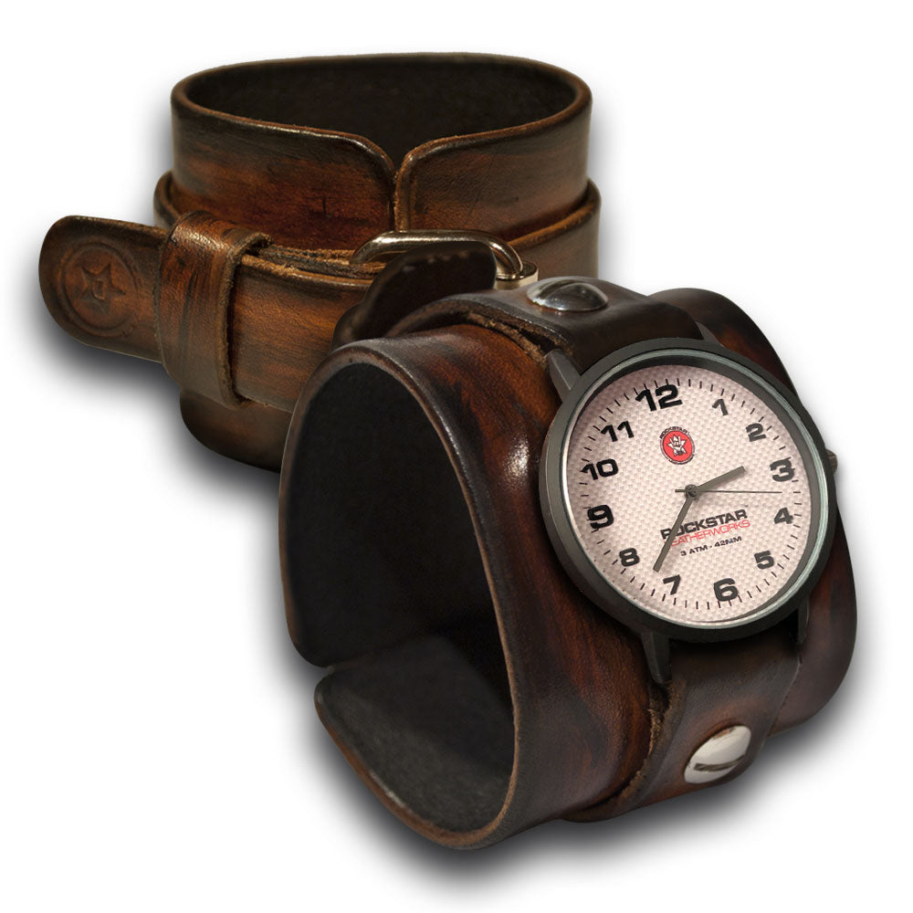 Timber Brown Stressed Leather Cuff Watch with a White Face-Leather Cuff Watches-Rockstar Leatherworks™