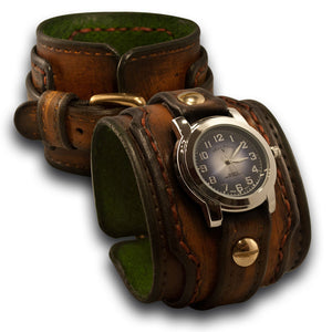 Brown Stressed Layered Leather Cuff Watch with Rust Stitching-Leather Cuff Watches-Rockstar Leatherworks™