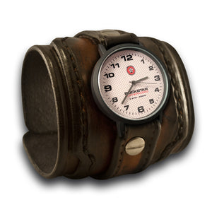 Brown Stressed Layered Leather Cuff Watch with Stitching-Leather Cuff Watches-Rockstar Leatherworks™