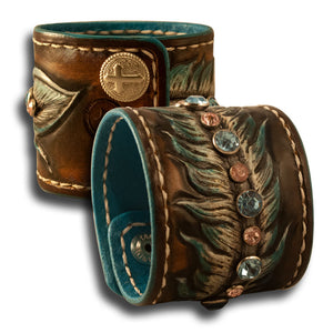 Leather Cuff Wristband with Feather, Stones & Cross Snaps-Leather Cuffs & Wristbands-Rockstar Leatherworks™