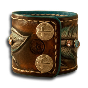 Leather Cuff Wristband with Feather, Stones & Cross Snaps-Leather Cuffs & Wristbands-Rockstar Leatherworks™