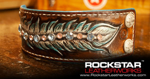 Leather Cuff Wristband with Feather, Stones & Cross Snaps-Leather Cuffs & Wristbands-Rockstar Leatherworks™