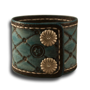 Quilted Turquoise Leather Cuff with Stitching and Snaps-Leather Cuffs & Wristbands-Rockstar Leatherworks™