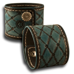 Quilted Turquoise Leather Cuff with Stitching and Snaps-Leather Cuffs & Wristbands-Rockstar Leatherworks™